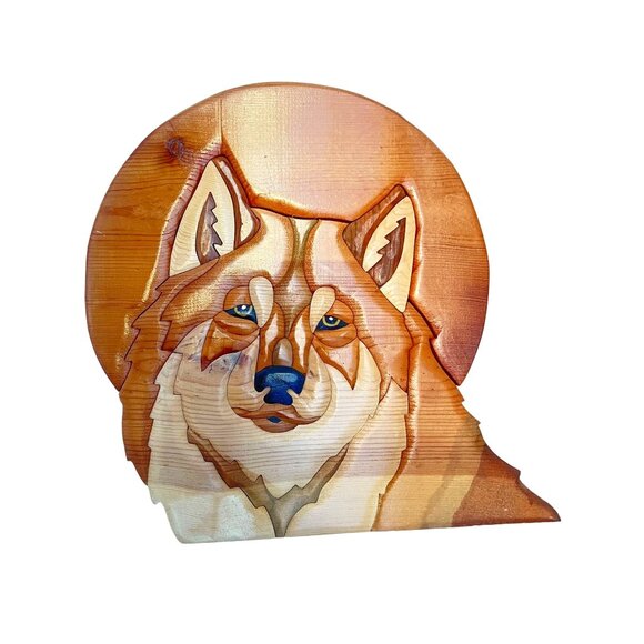 Handcrafted Wooden Wolf Wall Art Intricate Intarsia Design Natural Wood Tones Ru - Picture 1 of 6